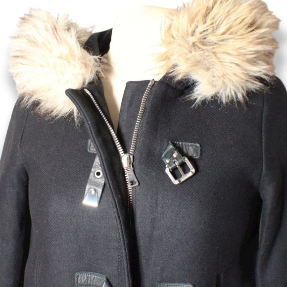 Zara Women's Black Hooded Coat Jacket With Faux Fur Trim Sz Small - Picture 5 of 7